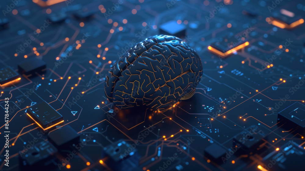 Poster Illuminated Digital Brain with Complex Circuitry Symbolizing Advanced AI Processing on a Dark Background