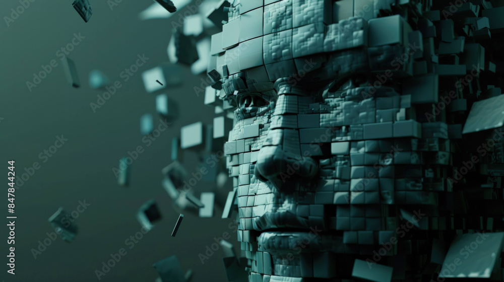 Poster Digital Transformation: Abstract Futuristic Human Face Constructed from Geometric Blocks, AI and Machine Learning Concept