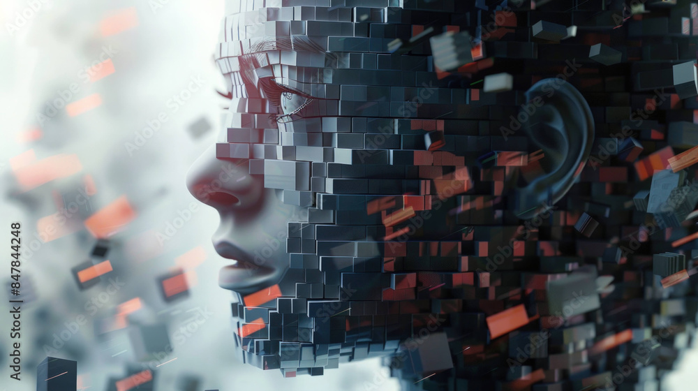Poster Abstract Futuristic Human Face Constructed from Geometric Blocks, Conceptualizing AI and Machine Learning