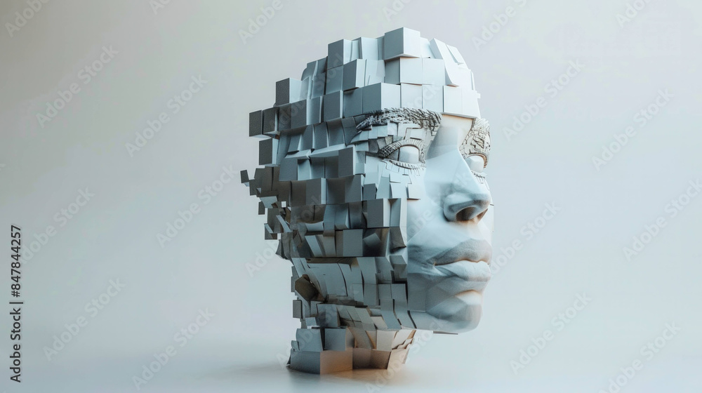 Poster Digital Evolution: Abstract Futuristic Human Face Constructed with Geometric Blocks Representing AI and Machine Learning