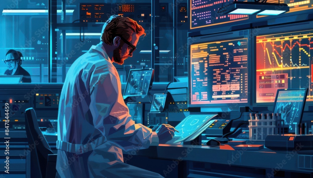 Poster scientist analyzing data on multiple screens in a high-tech lab, with futuristic equipment and vibra