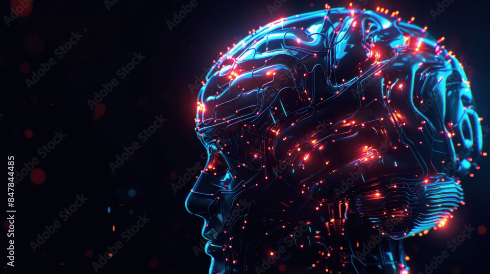 Aufkleber Illuminated 3D Digital Brain with Neon Circuits, Symbolizing Advanced AI Technology on Dark Background