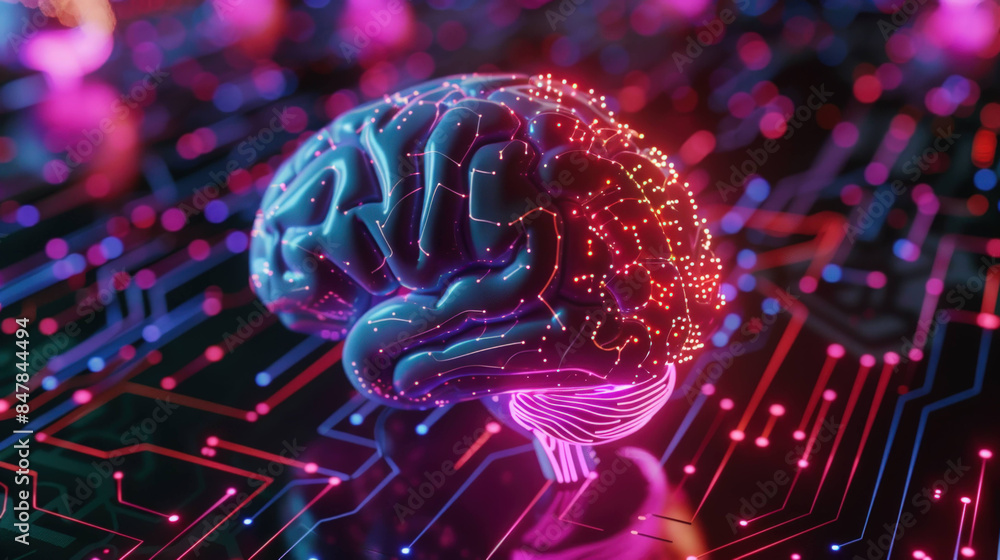 Poster Illuminating the Mind: 3D Digital Brain with Neon Circuits Symbolizing Advanced AI Technology on Black Background