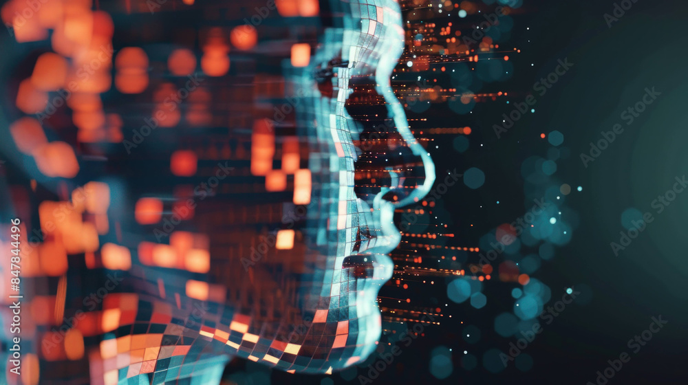 Poster Digital Transformation Through Fragmented AI: Abstract Human Face with Pixelated Elements