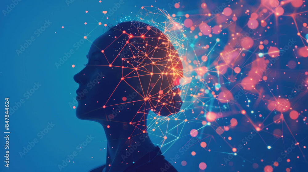 Poster Digital Connectivity: Human Silhouette with Network Nodes and Lines Symbolizing AI Communication