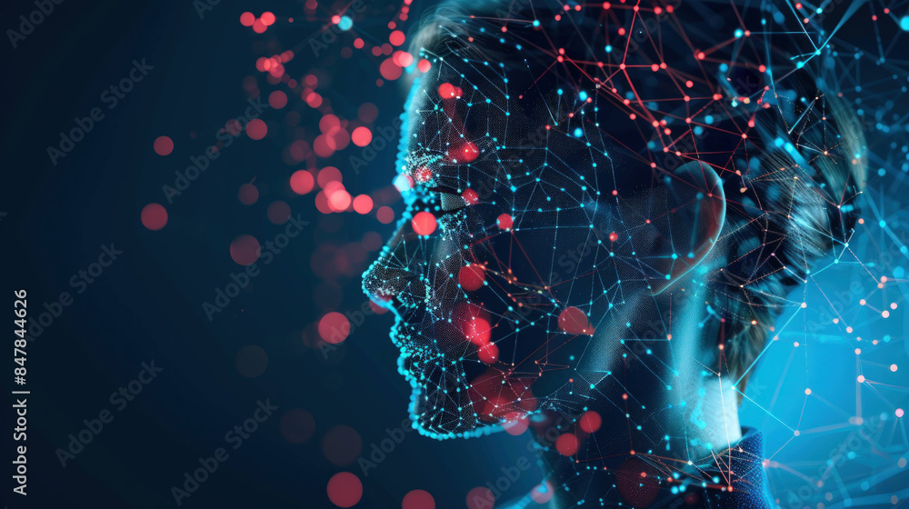 Poster futuristic ai research concept with abstract human profile, holographic interface, and data points