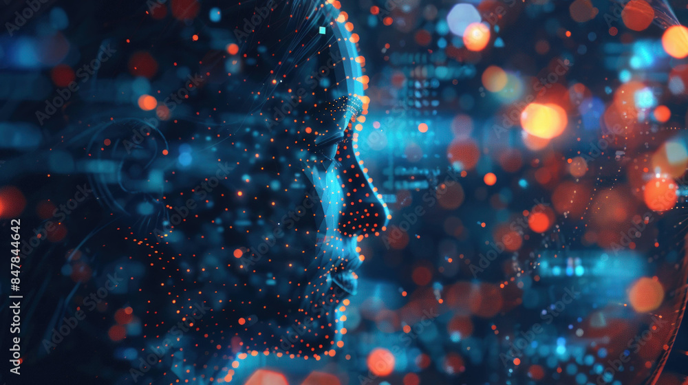 Poster Futuristic Abstract Human Profile with Holographic Interface and Data Points for AI Research Concept