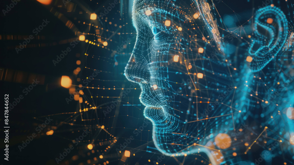 Aufkleber Futuristic AI Research Concept: Abstract Human Profile with Holographic Interface and Data Points