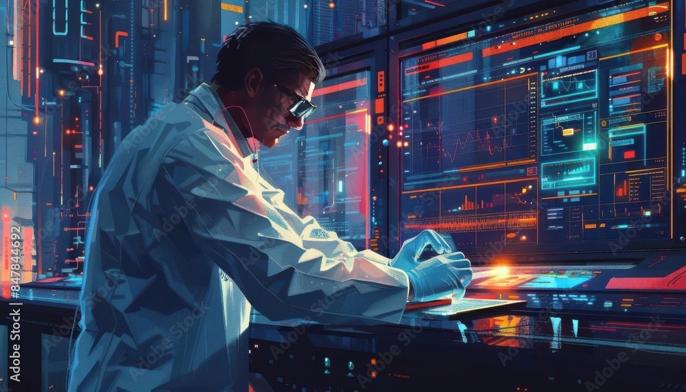 Poster scientist working in futuristic lab with advanced technology and neon lights, analyzing data on digi
