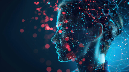 Futuristic AI Research Concept with Abstract Human Profile, Holographic Interface, and Data Points