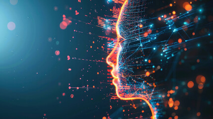 Futuristic Abstract Human Profile with Holographic Interface Displaying Data Points, Concept for Artificial Intelligence Research