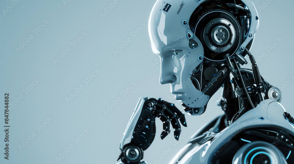 Poster AI Contemplation - Futuristic Robot with a Thoughtful Expression Reflecting Advanced Artificial Intelligence Concept