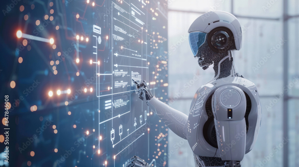 Poster futuristic humanoid robot engaging with digital interface, illustrating artificial intelligence tech