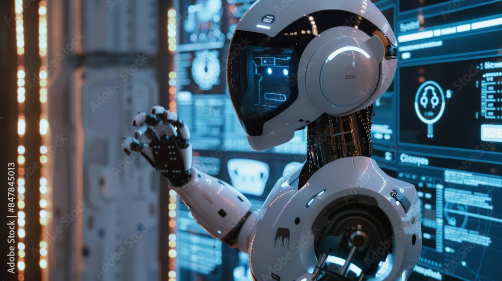 Poster futuristic humanoid robot engaging with digital interface, illustrating cutting-edge ai technology