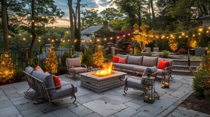 outdoor patio with comfortable seating, a fire pit, and string lights providing a perfect space for evening gatherings