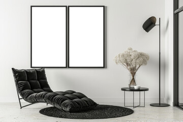Minimalist Black and White Modern Interior Mock-up with Stylish Chaise Lounge and Framed Art Mock-ups