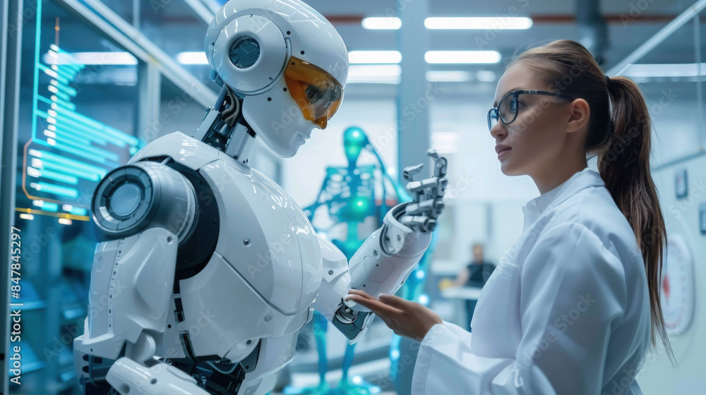 Poster Futuristic Encounter: Robot and Scientist Engaged in AI Research Discussion in Modern Laboratory