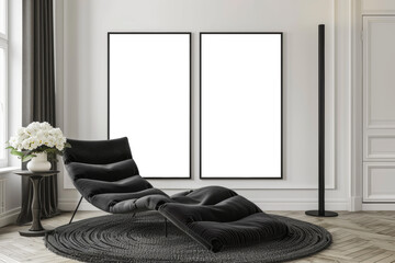 Minimalist Black and White Modern Interior Mock-up with Stylish Chaise Lounge and Framed Art Mock-ups