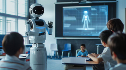 Futuristic Classroom: AI Robot Teacher Engaging Students in Innovative Learning Experience