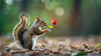 Squirrel presenting a floral gift to its mate in a delightful Valentine's Day scene, celebrating love and wildlife joyously