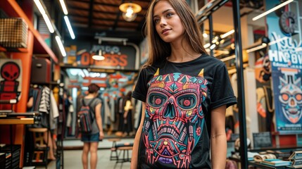 Obraz premium A woman stands in a retail store, showcasing a black t-shirt with a large, colorful design featuring a robot-like skull