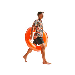 Young Man Walking With Inflatable Ring On Sunny Summer Day