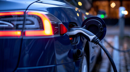 A blue electric car is charging at the station.
