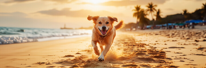 Dog running on the sand on tropical beach, summer vacation concept, template, copy space.