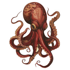Detailed Illustration of a Red Octopus With Suckers on White Background