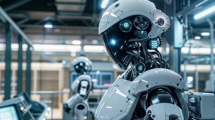 Fototapeta premium A close-up photograph of a futuristic robot, showcasing its intricate design and metallic body. The robot stands in a modern factory setting, with other robots blurred in the background