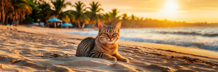Obraz premium Cat on the sand on tropical beach, summer vacation concept, template, copy space.