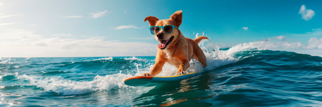 Dog in sunglasses riding the waves, surfing on a board, summer vacation concept, template, copy space.