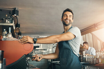 Man, smile and barista with coffee machine at cafe for customer service, pride and preparing drink. Happy, waiter and equipment with confidence for hospitality, small business and order in Brazil