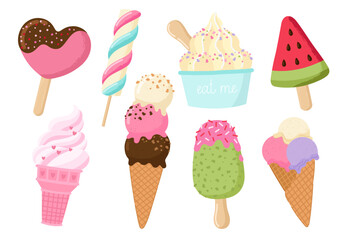 Set of tasty ice cream stickers. Yummy street food, confectionery snacks. Ice cream with different flavors, a collection of isolated ice cream cones, popsicles and fruit ice with different fillings.