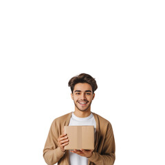 Smiling Man Holding a Cardboard Box Against a White Background