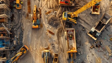 overhead view of a construction site with a variety of heavy machinery, including cranes, bulldozers, and backhoes
