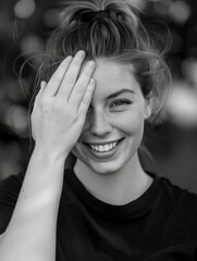 Smiling Young Woman Covering One Eye with Hand in Monochrome