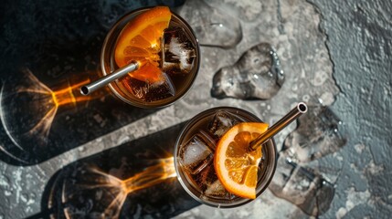 Two glasses of whiskey and cola with orange slices on a rusty table. High quality food photography. copy space. dark concrete background, top view