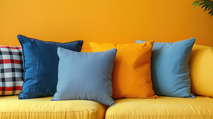 Fashionably soft pillows on yellow background, vibrant display, stylish textures