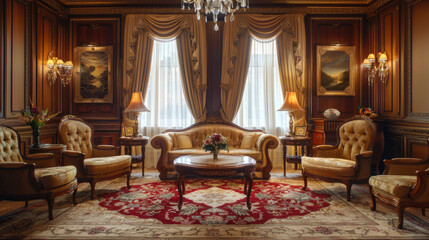 Fototapeta premium Interior room fitted with a carpet, cozy atmosphere, elegant furniture