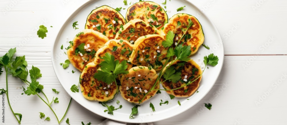 Poster zucchini pancakes with onion and parsley on white background top view above copy space