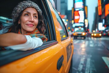 Woman peers out of a yellow taxi in the brightly lit streets of New York