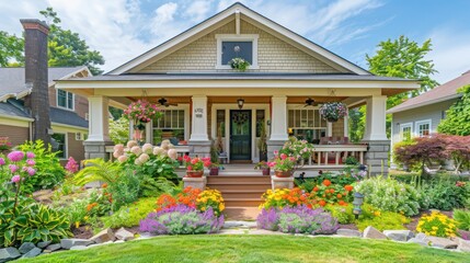 Fototapeta premium charming bungalow with a front porch, flower garden, and traditional design