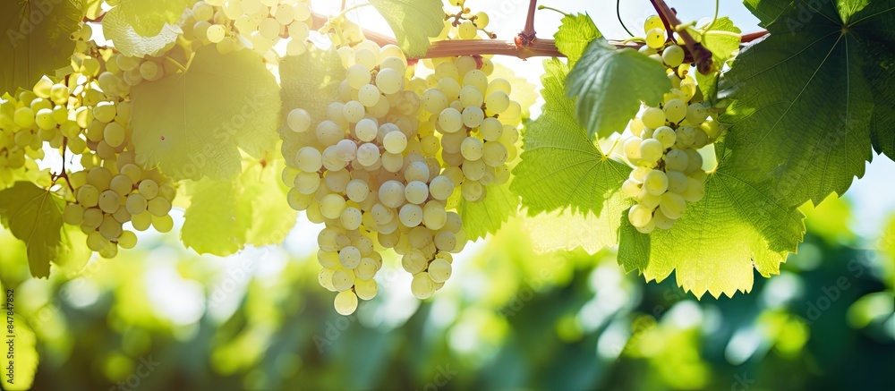 Poster close up of flowering grape vine grapes bloom in summer day. Creative banner. Copyspace image