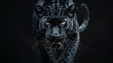 Obraz premium Front View of Panther on Black Background, Wild Animals Banner with Copy Space