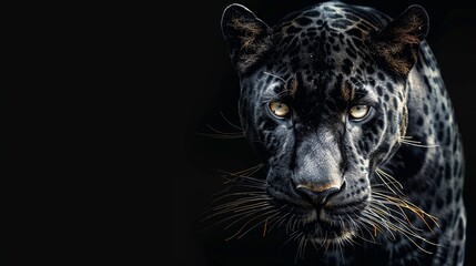 Obraz premium Front View of Panther on Black Background, Wild Animals Banner with Copy Space