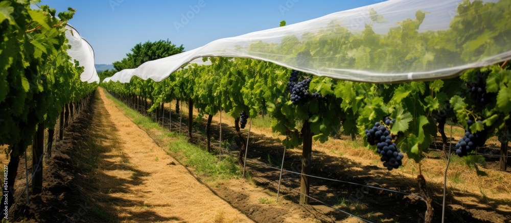 Poster grape garden covering by net to protect the fruit from wildlife animal and used for wine fermentatio