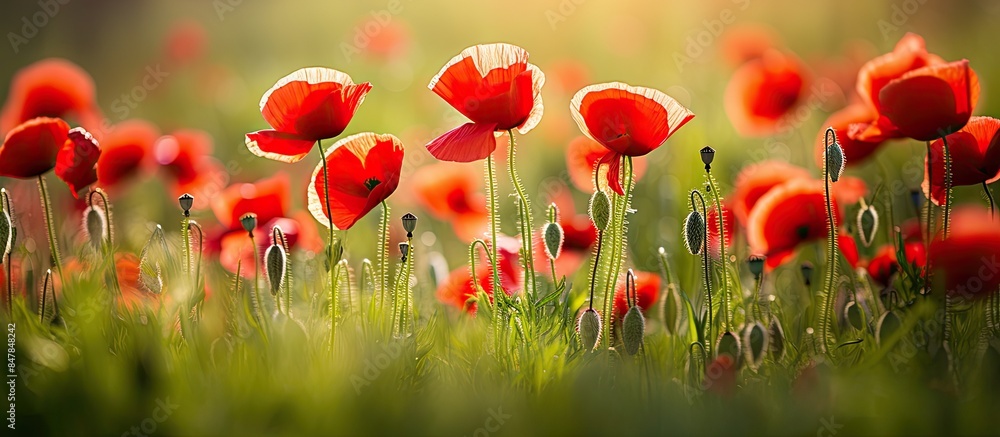 Poster beautiful field red poppies with selective focus photographed on a background of green grass under n