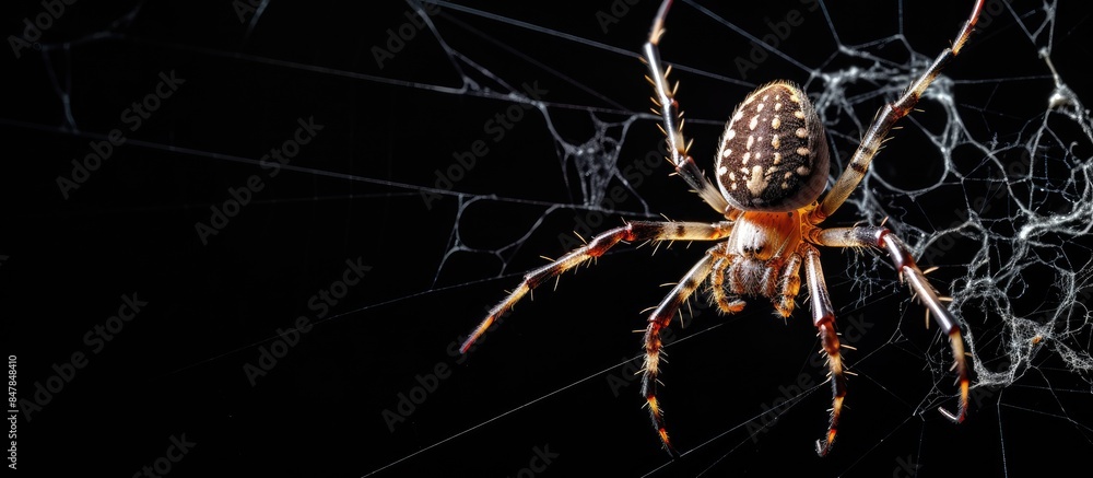 Poster the spider eats prey caught in a net. creative banner. copyspace image