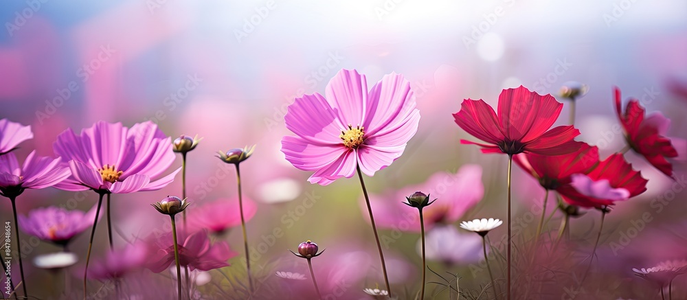 Sticker closeup soft focus on cosmos flowers. creative banner. copyspace image